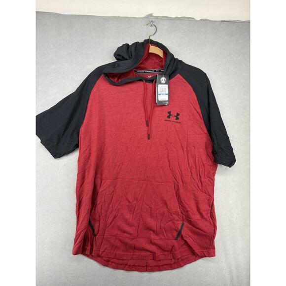 Under Armour Hooded Shirt Mens Sz XL Red Black Short Sleeve Athletic 1290254 620 - Picture 1 of 7